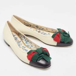 Pre Owned Gucci Off White Leather Web Bow Cap Toe Ballet Flats Size 37.5