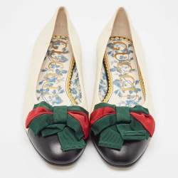 Pre Owned Gucci Off White Leather Web Bow Cap Toe Ballet Flats Size 37.5