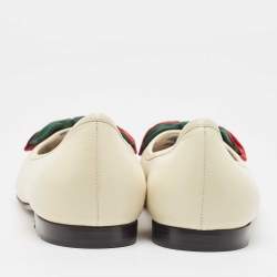 Pre Owned Gucci Off White Leather Web Bow Cap Toe Ballet Flats Size 37.5