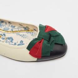 Pre Owned Gucci Off White Leather Web Bow Cap Toe Ballet Flats Size 37.5