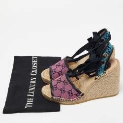مملوكة مسبقًا Gucci Tricolor GG Canvas Espadrille Wedge Ankle Tie Sandals Size 36.5