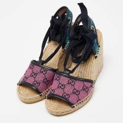 مملوكة مسبقًا Gucci Tricolor GG Canvas Espadrille Wedge Ankle Tie Sandals Size 36.5