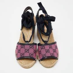 مملوكة مسبقًا Gucci Tricolor GG Canvas Espadrille Wedge Ankle Tie Sandals Size 36.5