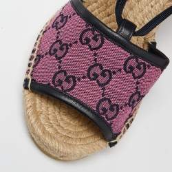 مملوكة مسبقًا Gucci Tricolor GG Canvas Espadrille Wedge Ankle Tie Sandals Size 36.5