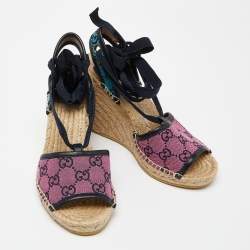 مملوكة مسبقًا Gucci Tricolor GG Canvas Espadrille Wedge Ankle Tie Sandals Size 36.5