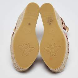 Pre Owned .Gucci Brown/Beige GG Canvas Pilar Wedge Platform Espadrille Ankle Wrap Pumps Size 36