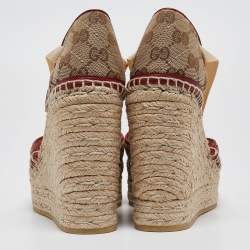 Pre Owned .Gucci Brown/Beige GG Canvas Pilar Wedge Platform Espadrille Ankle Wrap Pumps Size 36