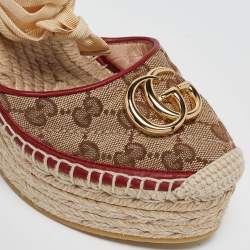 Pre Owned .Gucci Brown/Beige GG Canvas Pilar Wedge Platform Espadrille Ankle Wrap Pumps Size 36