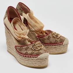 Pre Owned .Gucci Brown/Beige GG Canvas Pilar Wedge Platform Espadrille Ankle Wrap Pumps Size 36