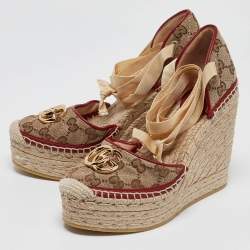 Pre Owned .Gucci Brown/Beige GG Canvas Pilar Wedge Platform Espadrille Ankle Wrap Pumps Size 36