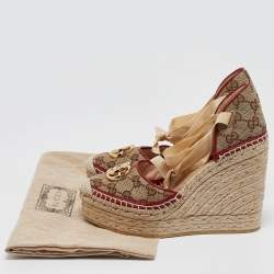 Pre Owned .Gucci Brown/Beige GG Canvas Pilar Wedge Platform Espadrille Ankle Wrap Pumps Size 36