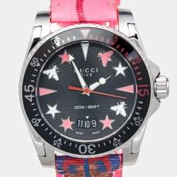 Gucci Black Stainless Steel Floral Print Calfskin Leather Dive YA136326 Women's Wristwatch 40 mm