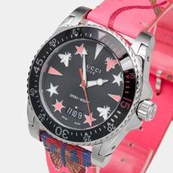 Gucci Black Stainless Steel Floral Print Calfskin Leather Dive YA136326 Women's Wristwatch 40 mm