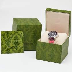 Gucci Black Stainless Steel Floral Print Calfskin Leather Dive YA136326 Women's Wristwatch 40 mm