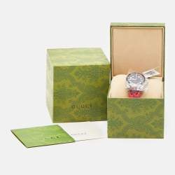 Gucci Black Stainless Steel Floral Print Calfskin Leather Dive YA136326 Women's Wristwatch 40 mm