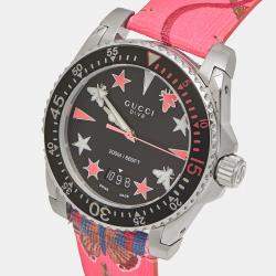 Gucci Black Stainless Steel Floral Print Calfskin Leather Dive YA136326 Women's Wristwatch 40 mm