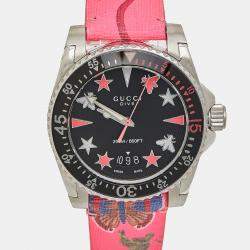 Gucci Black Stainless Steel Floral Print Calfskin Leather Dive YA136326 Women's Wristwatch 40 mm