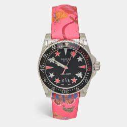 Gucci Black Stainless Steel Floral Print Calfskin Leather Dive YA136326 Women's Wristwatch 40 mm