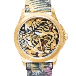 Pre Owned Gucci Tiger Print Gold Tone Stainless Steel Le Marche Des Merveilles YA1264008 Women's Wristwatch 38 mm