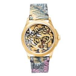 Pre Owned Gucci Tiger Print Gold Tone Stainless Steel Le Marche Des Merveilles YA1264008 Women's Wristwatch 38 mm