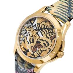 Pre Owned Gucci Tiger Print Gold Tone Stainless Steel Le Marche Des Merveilles YA1264008 Women's Wristwatch 38 mm