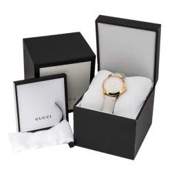 Pre Owned Gucci White Yellow Gold PVD Coated Stainless Steel Leather G-Timeless 126.4 Women's Wristwatch 38 mm