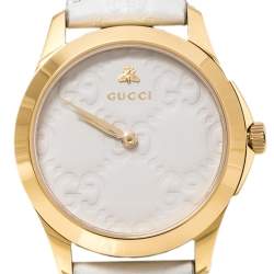 Pre Owned Gucci White Yellow Gold PVD Coated Stainless Steel Leather G-Timeless 126.4 Women's Wristwatch 38 mm