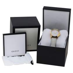 Pre Owned Gucci White Yellow Gold PVD Coated Stainless Steel Leather G-Timeless 126.4 Women's Wristwatch 38 mm