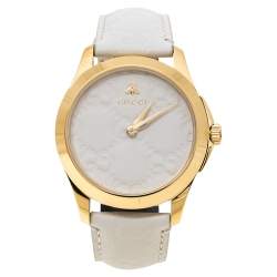 Pre Owned Gucci White Yellow Gold PVD Coated Stainless Steel Leather G-Timeless 126.4 Women's Wristwatch 38 mm
