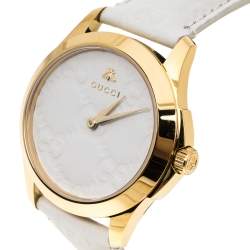Pre Owned Gucci White Yellow Gold PVD Coated Stainless Steel Leather G-Timeless 126.4 Women's Wristwatch 38 mm