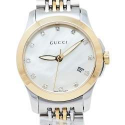 Pre Owned Gucci Mother Of Pearl Two-Tone Stainless Steel Diamond G-Timeless YA126513 Women's Wristwatch 27 mm