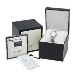 Pre Owned Gucci Mother Of Pearl Two-Tone Stainless Steel Diamonds G-Timeless YA126514 Women's Wristwatch 27 mm