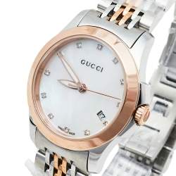 Pre Owned Gucci Mother Of Pearl Two-Tone Stainless Steel Diamonds G-Timeless YA126514 Women's Wristwatch 27 mm