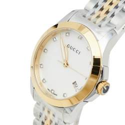 Pre Owned Gucci Mother Of Pearl Two-Tone Stainless Steel Diamond G-Timeless YA126513 Women's Wristwatch 27 mm