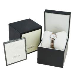 Pre Owned Gucci Mother of Pearl Two Tone Stainless Steel G-Timeless YA126544 Women's Wristwatch 27 mm