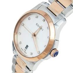 Pre Owned Gucci Mother of Pearl Two Tone Stainless Steel G-Timeless YA126544 Women's Wristwatch 27 mm