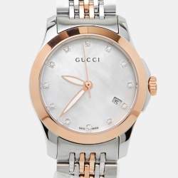 Pre Owned Gucci Mother Of Pearl Two-Tone Stainless Steel Diamonds G-Timeless YA126514 Women's Wristwatch 27 mm