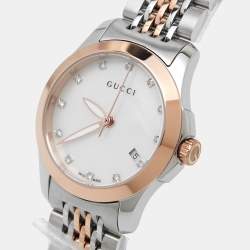 Pre Owned Gucci Mother Of Pearl Two-Tone Stainless Steel Diamonds G-Timeless YA126514 Women's Wristwatch 27 mm