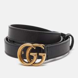 Pre Owned Gucci Black Leather GG Marmont Slim Belt 85CM