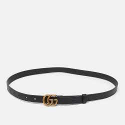 Pre Owned Gucci Black Leather GG Marmont Slim Belt 85CM