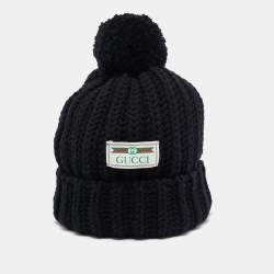 Gucci Black Rib Knit Wool Pom Pom Beanie M