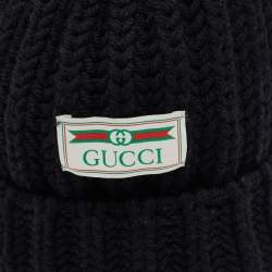 Gucci Black Rib Knit Wool Pom Pom Beanie M