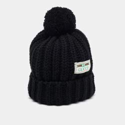 Gucci Black Rib Knit Wool Pom Pom Beanie M