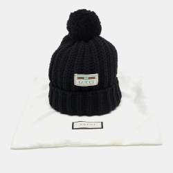 Gucci Black Rib Knit Wool Pom Pom Beanie M