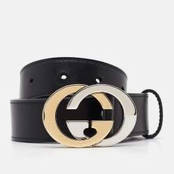 Pre Owned Gucci Black Leather Interlocking G Buckle Belt 90 CM
