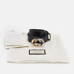 Pre Owned Gucci Black Leather Interlocking G Buckle Belt 90 CM