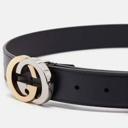 Pre Owned Gucci Black Leather Interlocking G Buckle Belt 90 CM