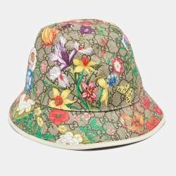 Pre Owned Gucci Multicolor GG Floral Print Coated Canvas Leather Trimmed Bucket Hat L