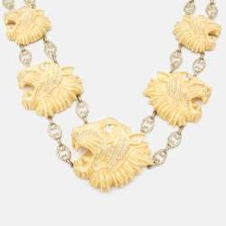 Pre Owned Gucci Lion Head Crystals Resin Antique Finish Gold Tone Necklace
