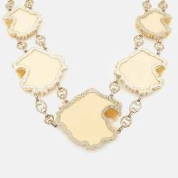 Pre Owned Gucci Lion Head Crystals Resin Antique Finish Gold Tone Necklace